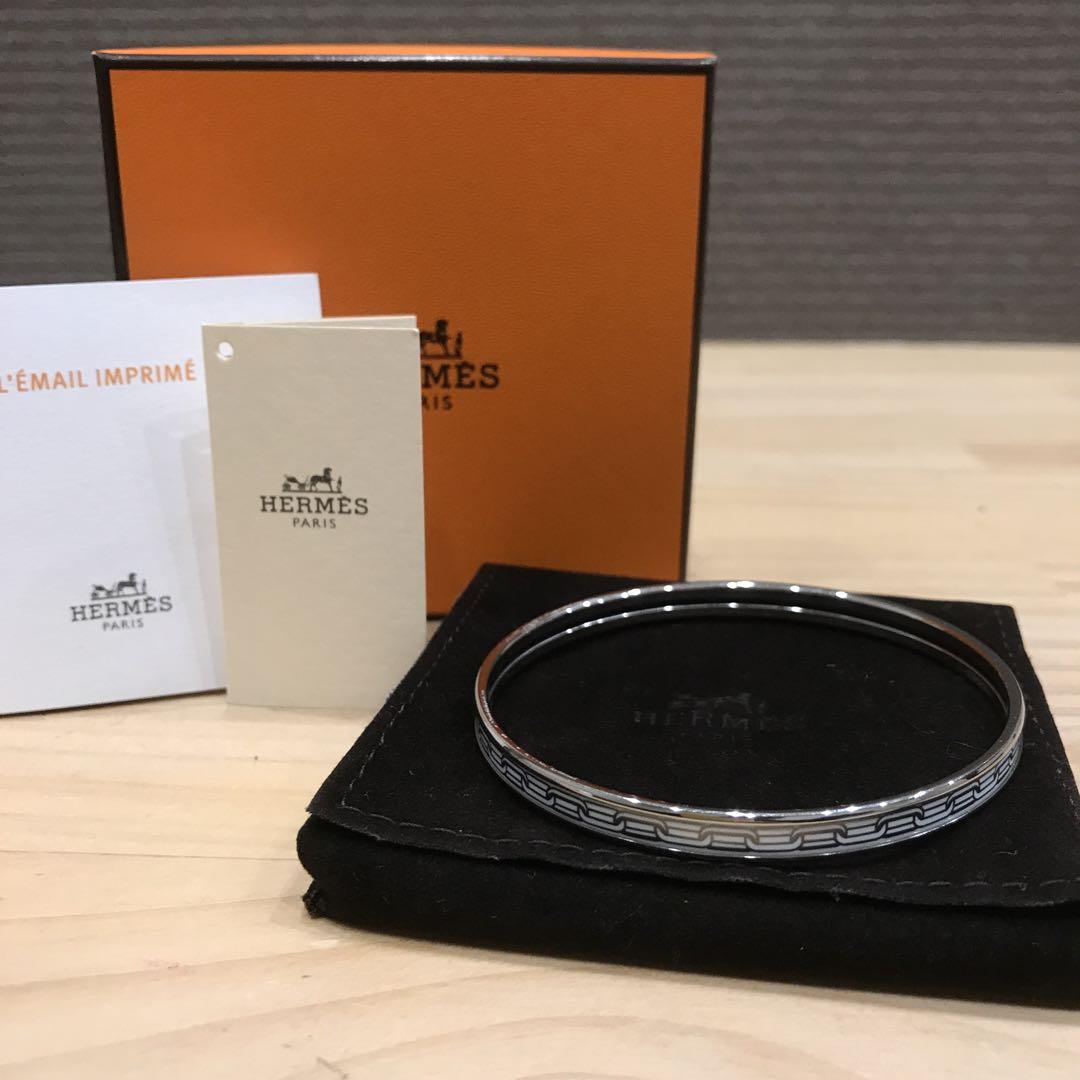 新品 未使用 HERMES エマイユ バングル チェーン柄 ホワイト×シルバー