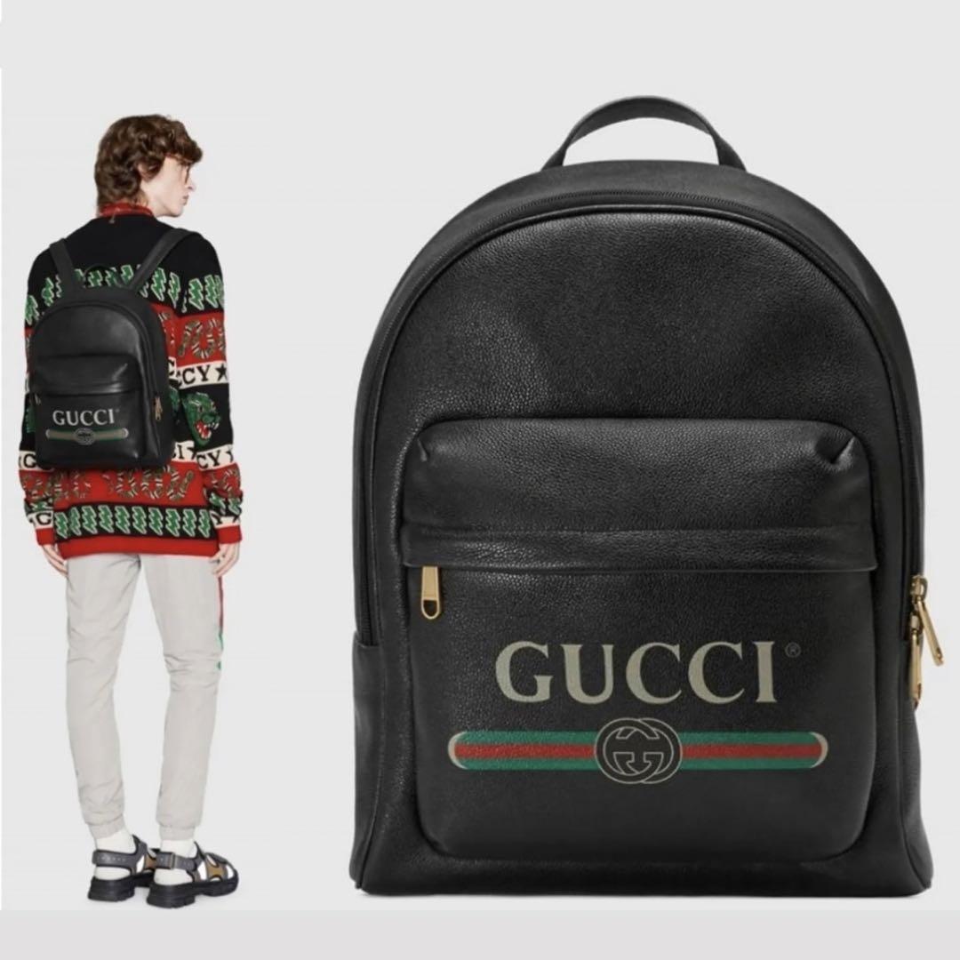 【極美品】GUCCI シェリーライン ロゴプリント レザー リュック ブラック