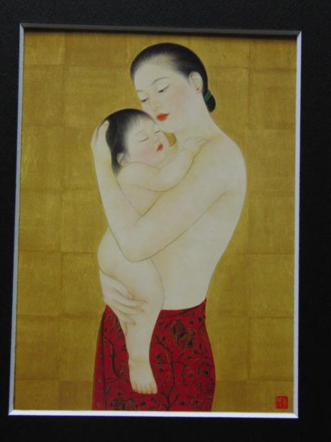 安田育代、【母と子】、希少な額装用画集より、新品額装付、状態良好