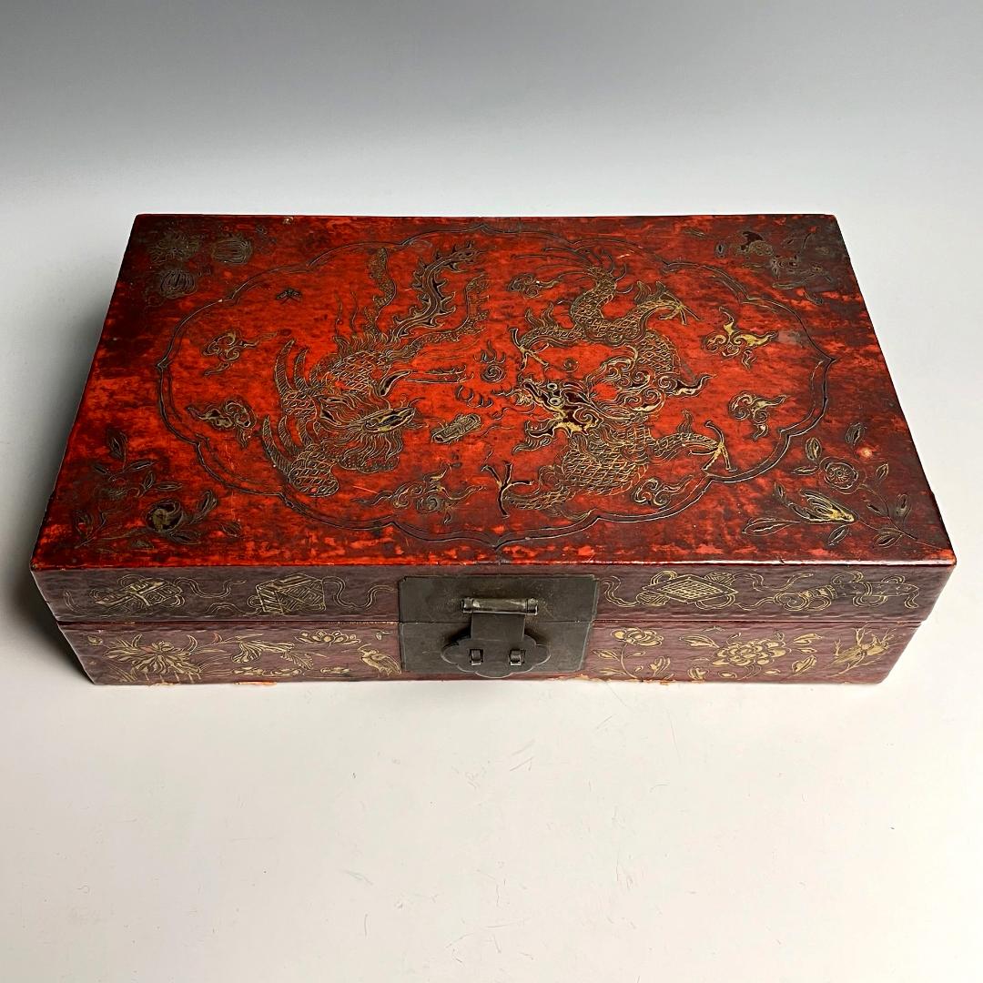 雕填漆龍鳳圖長方盒 存星龍鳳凰図長方箱 雕填彩漆文具盒 唐物 A709