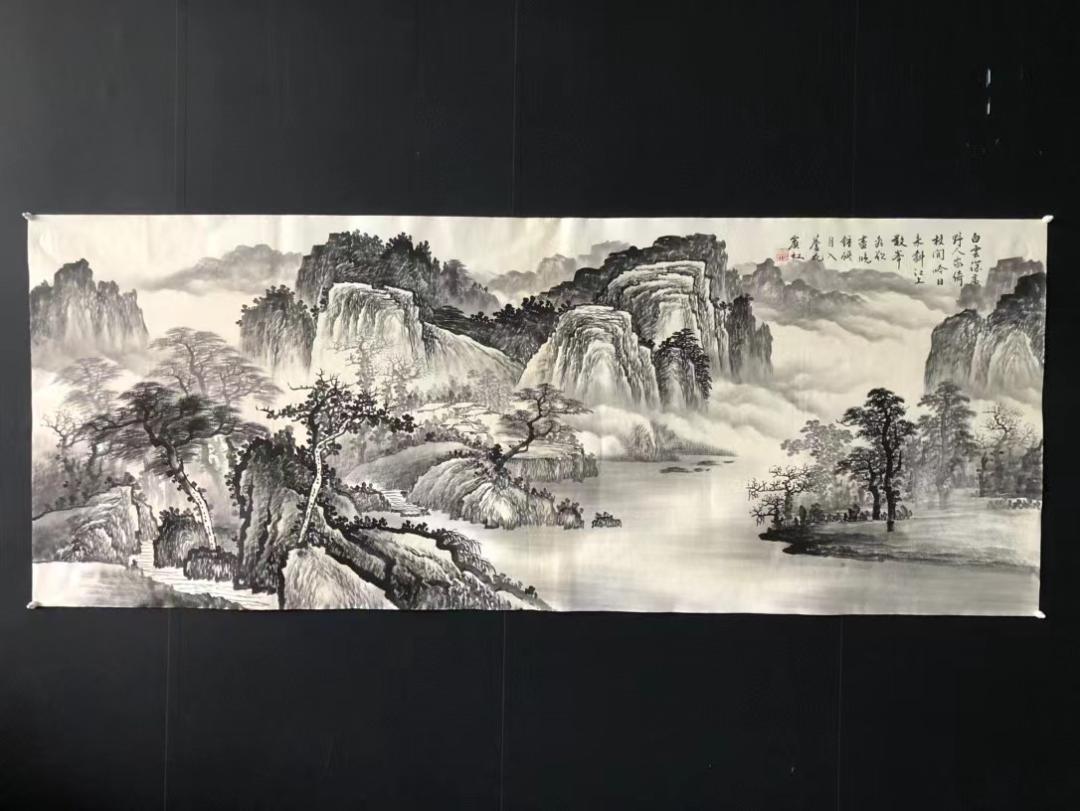 中国古美術・純手描き六尺横幅山水画芯・水墨画・黄賓虹印款・肉筆・宣紙・茶道・置物